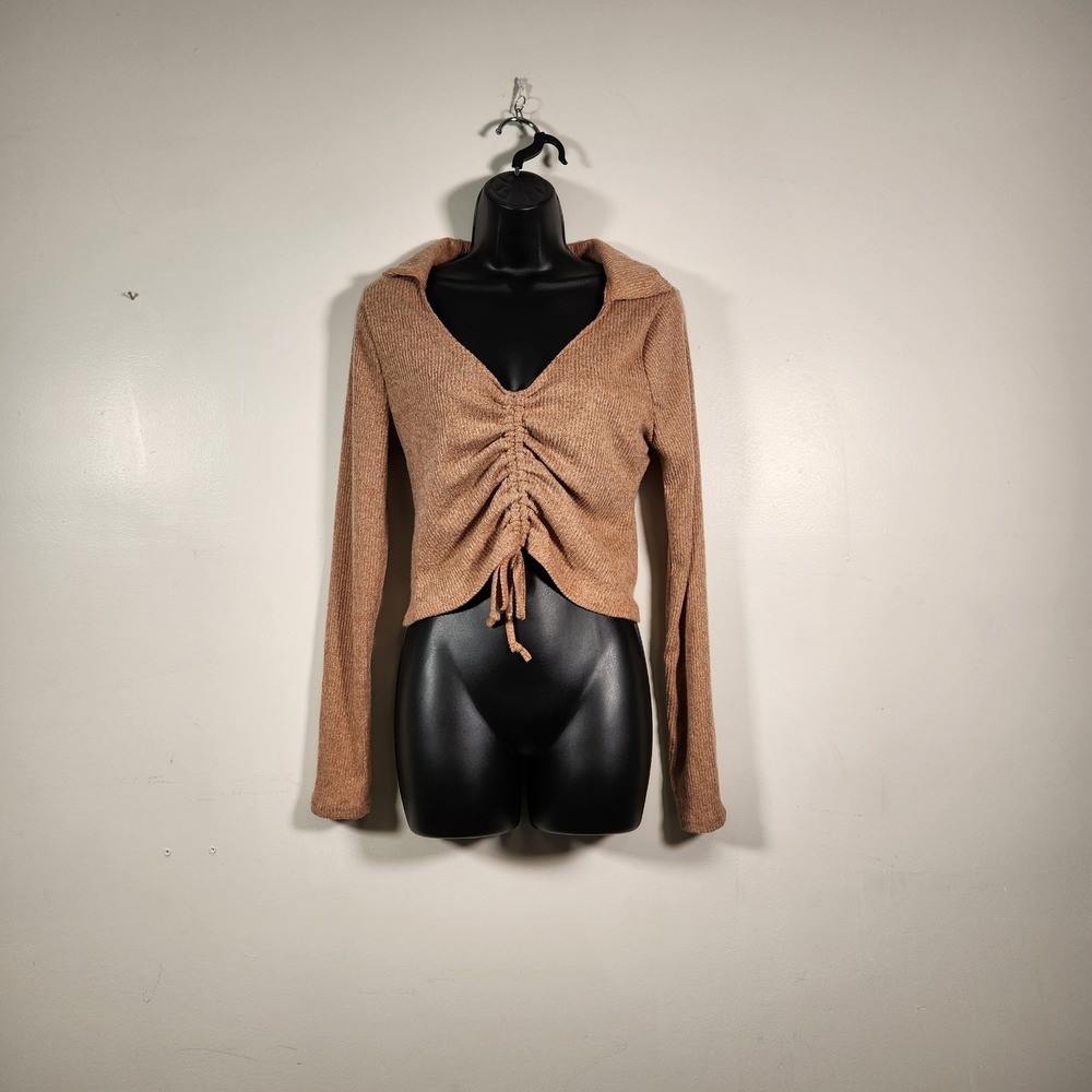 RUE21 Crop Sweater Womens XL Brown Knit LS Drawstring Bodice Stretch Comfy NEW